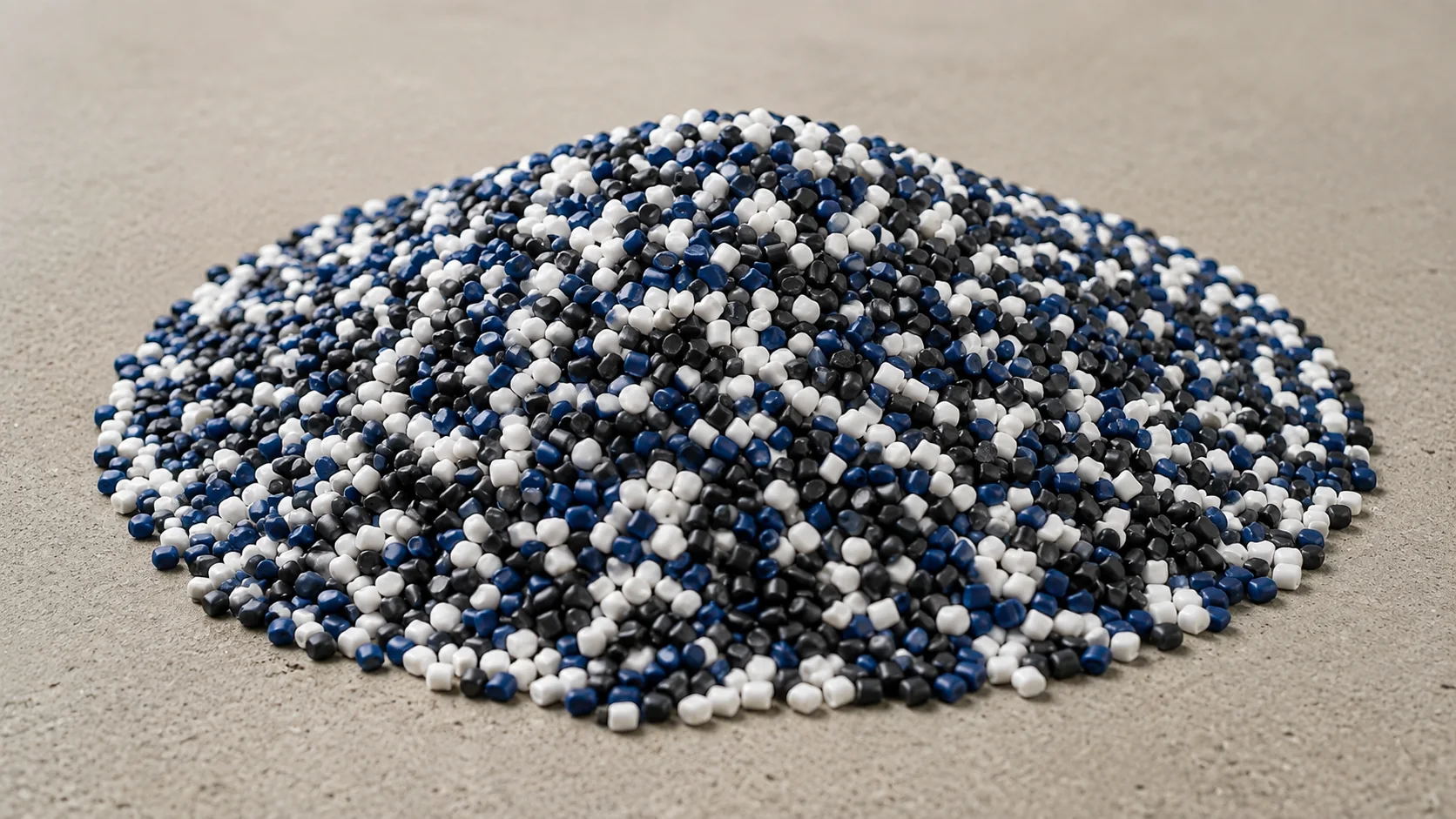 Biji plastik berwarna biru, hitam, dan putih